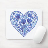 水彩ブルーハートチューリップ付き白 マウスパッド (マウス)