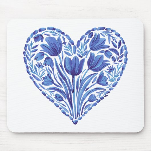 水彩ブルーハートチューリップ付き白 マウスパッド (正面)