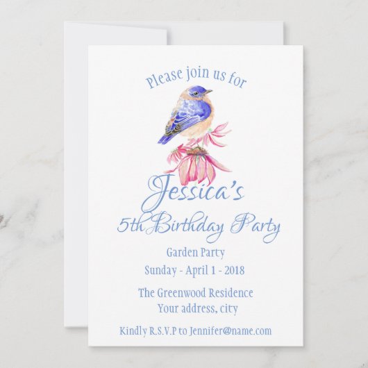 水彩ブルーバードピンク花園 招待状 (正面)