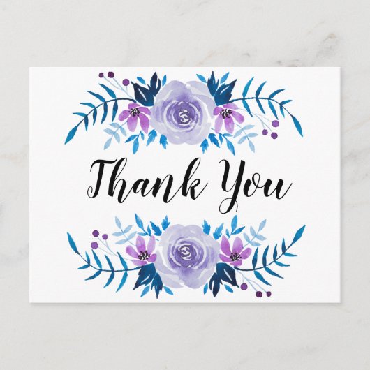 水彩ブルーパープルフローラリースありがとう ポストカード (正面)