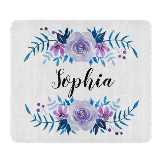 水彩ブルーパープルフローラリースカスタム文字 カッティングボード (正面)