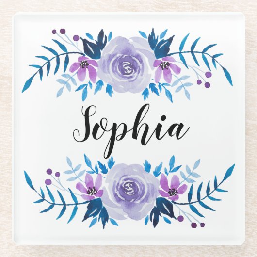 水彩ブルーパープルフローラリースカスタム文字 ガラスコースター (正面)