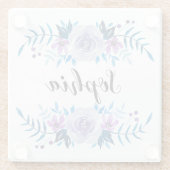 水彩ブルーパープルフローラリースカスタム文字 ガラスコースター (裏面)