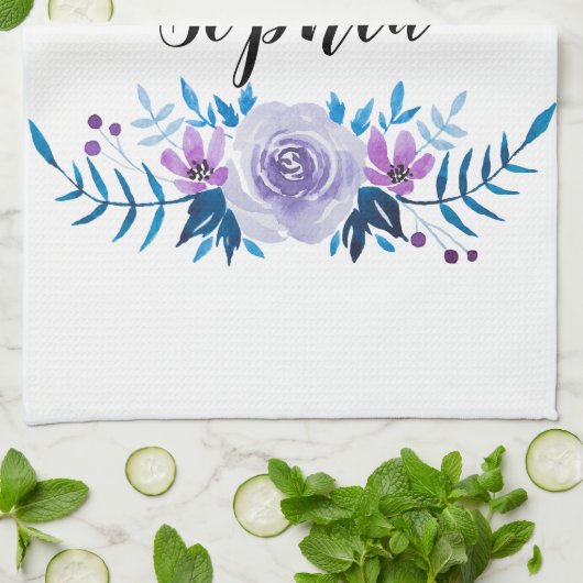 水彩ブルーパープルフローラリースカスタム文字 キッチンタオル (折り畳み)