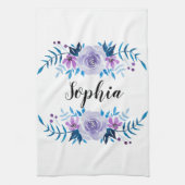 水彩ブルーパープルフローラリースカスタム文字 キッチンタオル (縦)