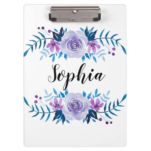 水彩ブルーパープルフローラリースカスタム文字 クリップボード (正面)