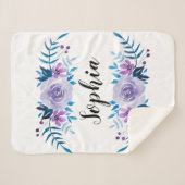 水彩ブルーパープルフローラリースカスタム文字 シェルパブランケット (正面(横))
