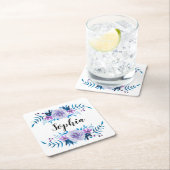 水彩ブルーパープルフローラリースカスタム文字 スクエアペーパーコースター (インサイチュ)