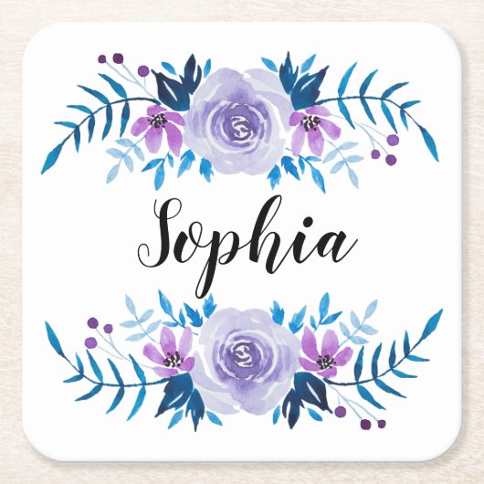 水彩ブルーパープルフローラリースカスタム文字 スクエアペーパーコースター (正面)