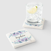 水彩ブルーパープルフローラリースカスタム文字 ストーンコースター (横)