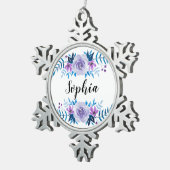 水彩ブルーパープルフローラリースカスタム文字 スノーフレークピューターオーナメント (右)
