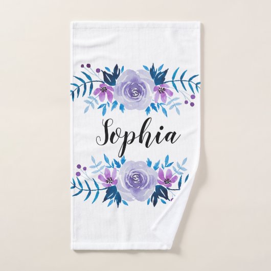 水彩ブルーパープルフローラリースカスタム文字 ハンドタオル (ハンドタオル)