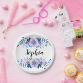 水彩ブルーパープルフローラリースカスタム文字 ペーパープレート (パーティー)