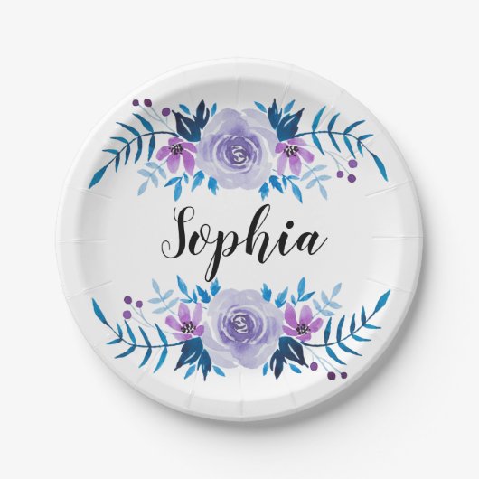 水彩ブルーパープルフローラリースカスタム文字 ペーパープレート (正面)