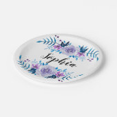 水彩ブルーパープルフローラリースカスタム文字 ペーパープレート (アングル)