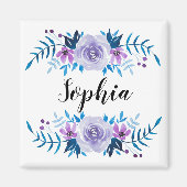 水彩ブルーパープルフローラリースカスタム文字 マグネット (正面)