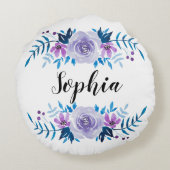 水彩ブルーパープルフローラリースカスタム文字 ラウンドクッション (裏面)