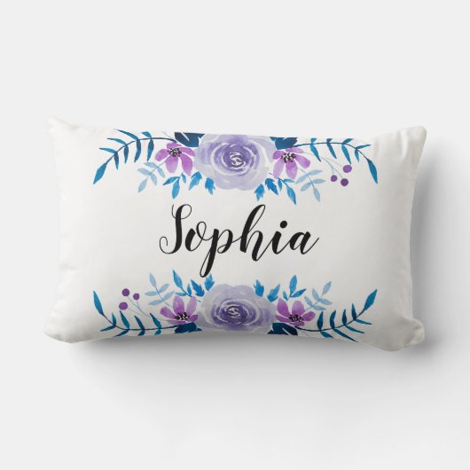 水彩ブルーパープルフローラリースカスタム文字 ランバークッション (裏面)