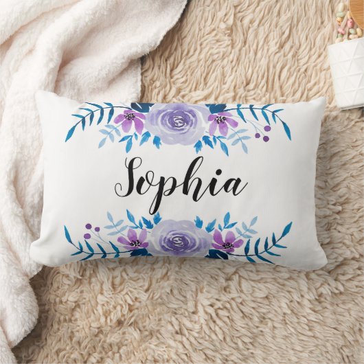 水彩ブルーパープルフローラリースカスタム文字 ランバークッション (ブランケット)
