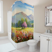 水彩ブルーパープルマウンテンランドスケープワイルドフロー シャワーカーテン (インサイチュ)