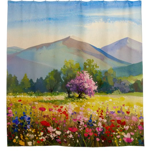 水彩ブルーパープルマウンテンランドスケープワイルドフロー シャワーカーテン (正面)