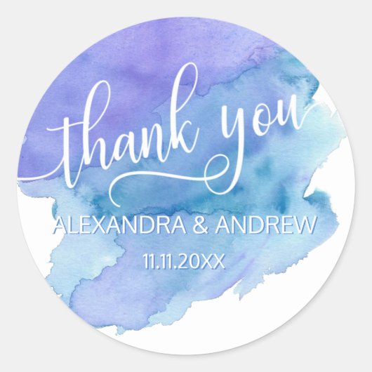 水彩ブルーパープル結婚の感謝 ラウンドシール (正面)