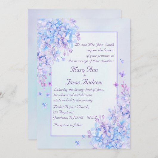 水彩ブルーパープル薄紫花結婚式の招待 招待状 (正面/裏面)