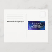 水彩ブルーパープル銀河系こうもりバー（ユダヤ教の）バル・ミツバーRSVP 案内ポストカード (裏面)