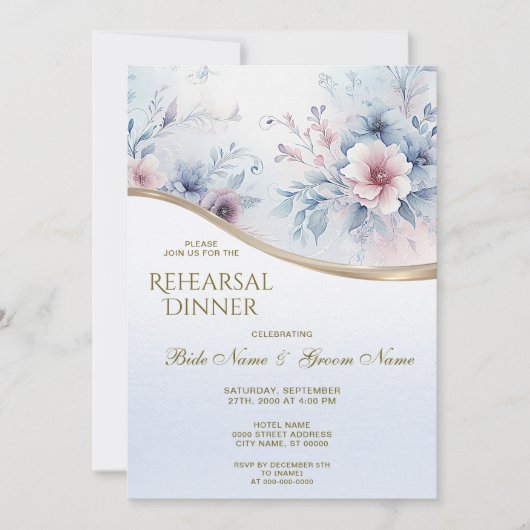 水彩ブルーピンクの花柄リハーサルディナー 招待状 (正面)