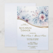 水彩ブルーピンクの花柄リハーサルディナー 招待状 (正面/裏面)