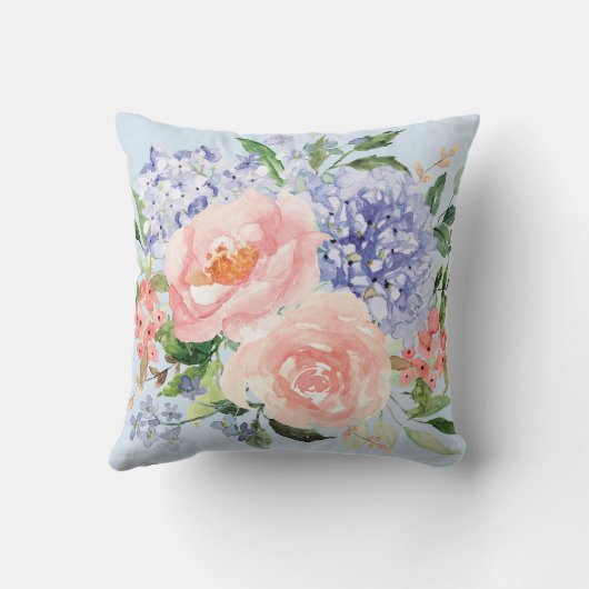 水彩ブルーピンクアジサイ牡丹春フローラ クッション (裏面)