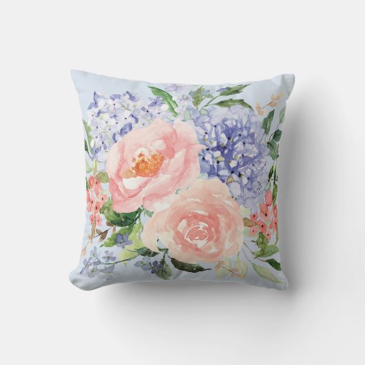 水彩ブルーピンクアジサイ牡丹春フローラ クッション (正面)