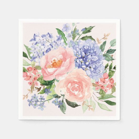 水彩ブルーピンクアジサイ牡丹春フローラ スタンダードカクテルナプキン (正面)