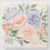 水彩ブルーピンクアジサイ牡丹春フローラ ストーンコースター (正面)