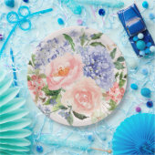 水彩ブルーピンクアジサイ牡丹春フローラ ペーパープレート (パーティー)