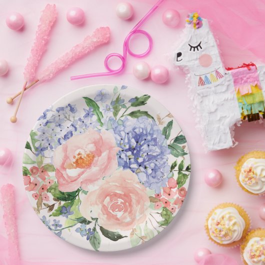 水彩ブルーピンクアジサイ牡丹春フローラ ペーパープレート (パーティー)