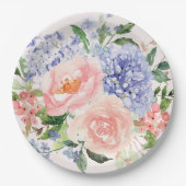水彩ブルーピンクアジサイ牡丹春フローラ ペーパープレート (正面)