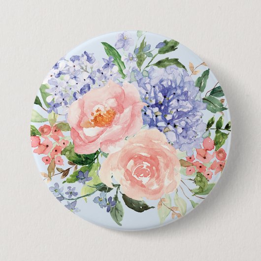 水彩ブルーピンクアジサイ牡丹春フローラ 缶バッジ (正面)