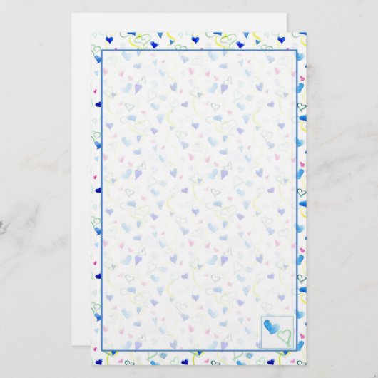 水彩ブルーピンクイエローハート 便箋 (正面/裏面)