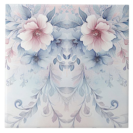 水彩ブルーピンクフローラセラミックタイル タイル (正面)