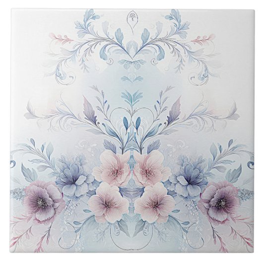 水彩ブルーピンクフローラセラミックタイル タイル (正面)