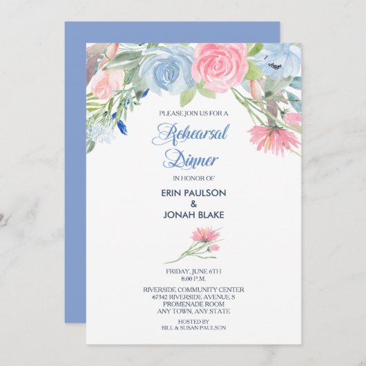 水彩ブルーピンクフローラリハーサルディナー 招待状 (正面/裏面)