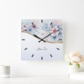 水彩ブルーピンクフローラ壁時計 スクエア壁時計 (ホーム)