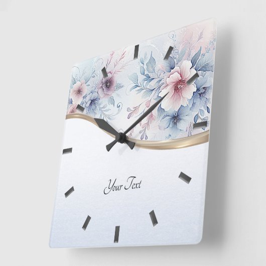 水彩ブルーピンクフローラ壁時計 スクエア壁時計 (傾斜)