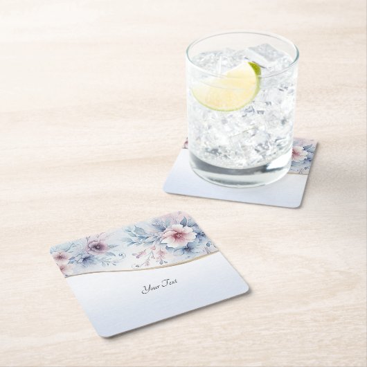 水彩ブルーピンクフローラ紙コースター スクエアペーパーコースター (インサイチュ)