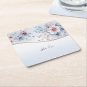 水彩ブルーピンクフローラ紙コースター スクエアペーパーコースター (アングル)