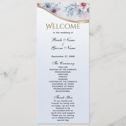 水彩ブルーピンクフローラ結婚式 プログラム (正面)