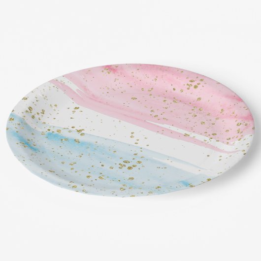 水彩ブルーピンク性別リビールパーティー ペーパープレート (アングル)