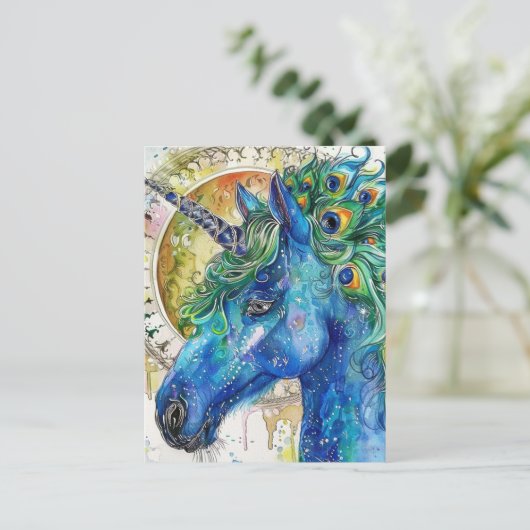 水彩ブルーピーコックユニコーン ポストカード (スタンド正面)