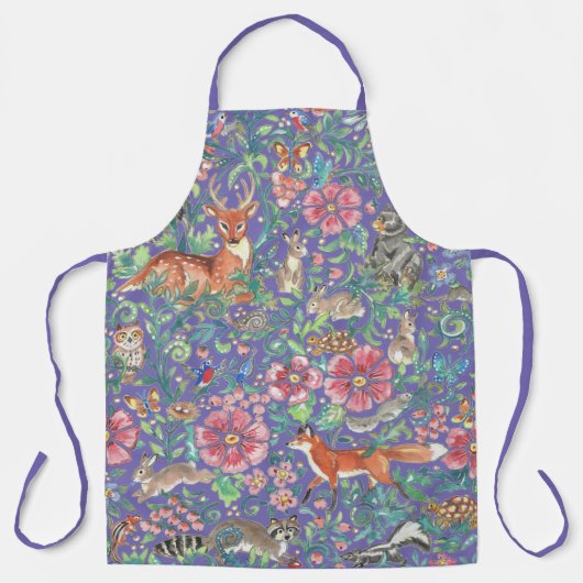 水彩ブルーフォレストアニマルフローラ自然 かわいらし エプロン (正面)